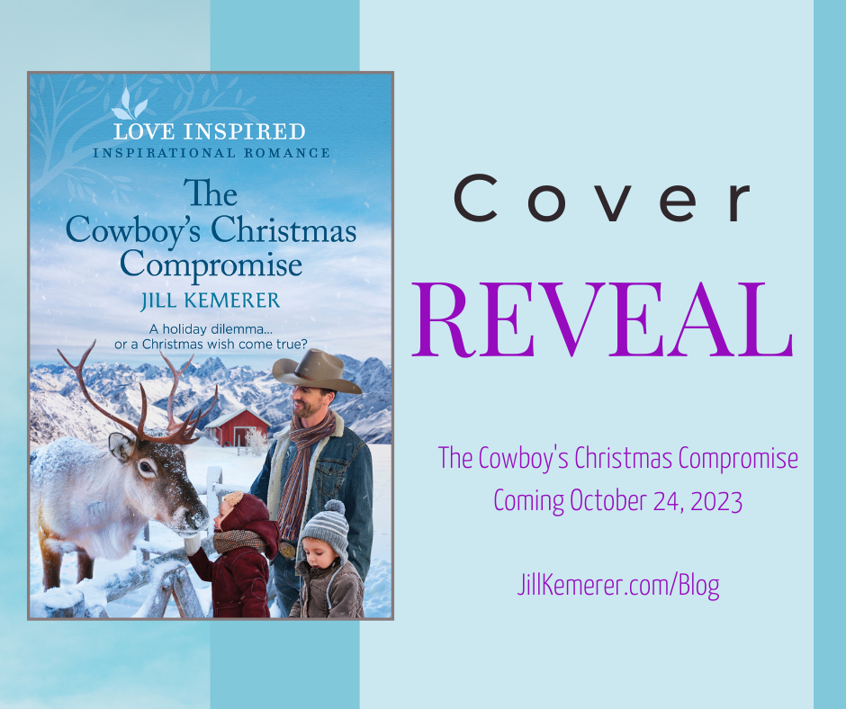 Robin's Egg Blue background with book cover. Cowboy and toddler boys feeding reindeer in snowy Wyoming. Text: Cover Reveal The Cowboy's Christmas Compromise. Coming October 24, 2023. JillKemerer.com/blog