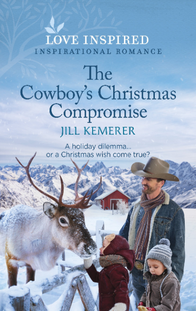 Cover of The Cowboy's Christmas Compromise by Jill Kemerer. Two toddler boys feed a reindeer with snow on the ground and mountains behind them. A cowboy smiles near them.