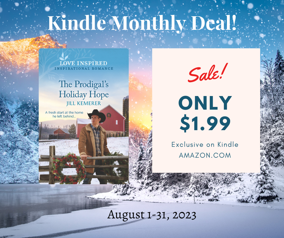 Snowy mountain background. The cover of The Prodigal's Holiday Hope by Jill Kemerer. Text: "Kindle Monthly Deal! Sale! Only $1.99 Exclusive on Kindle, Amazon.com."