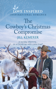 Cover for The Cowboy's Christmas Compromise by Jill Kemerer. Snowy mountain background with red barn. Cowboy and two toddlers feeding a reindeer.