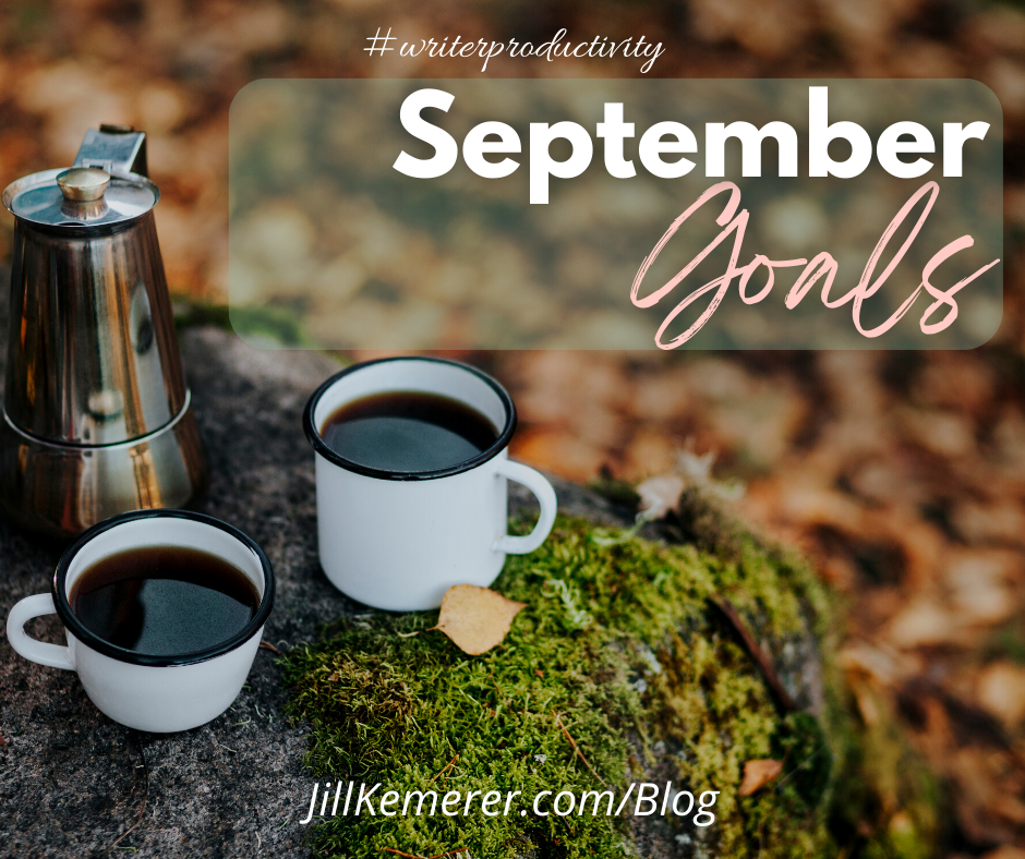 Fall leaves background with 2 cups of coffee and coffee pot on moss-covered rock. Text: September goals, JillKemerer.com/blog #writerproductivity