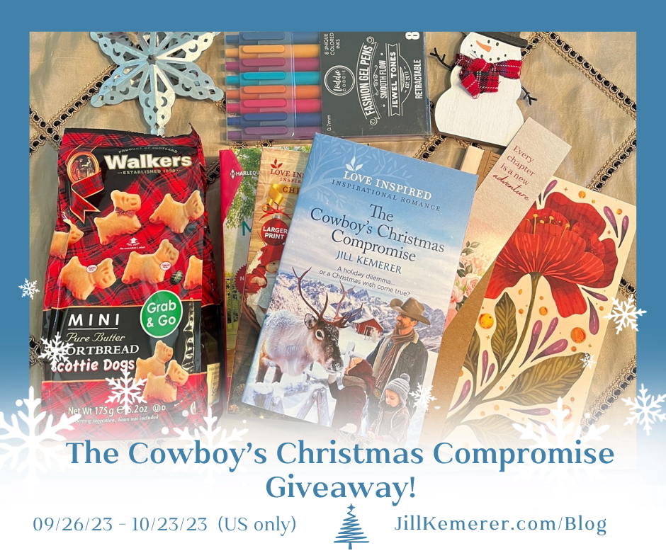 Prizes for The Cowboy's Christmas Compromise Giveaway. Scottie Dogs cookies, signed books by Jill Kemerer, notebook, pens, ornaments.
