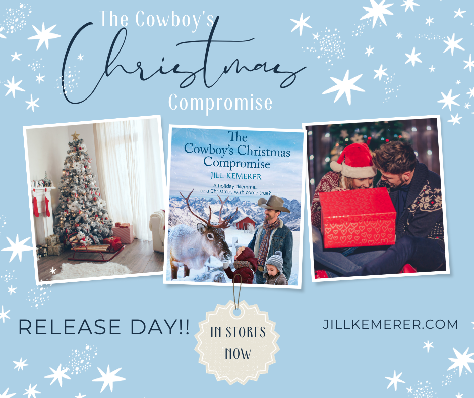 Sky blue background with snowflake illustrations. Three photos. Christmas tree, cover for The Cowboy's Christmas Compromise, a couple opening a present. Text, "The Cowboy's Christmas Compromise Release Day! In stores now. JillKemerer.com"