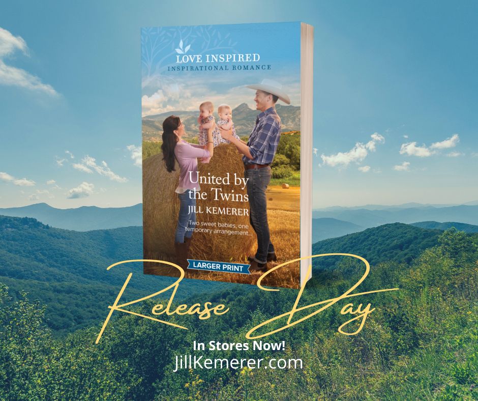Sky and mountain background. Cover of United by the Twins by Jill Kemerer. Text "Release Day, In Stores Now, JillKemerer.com"
