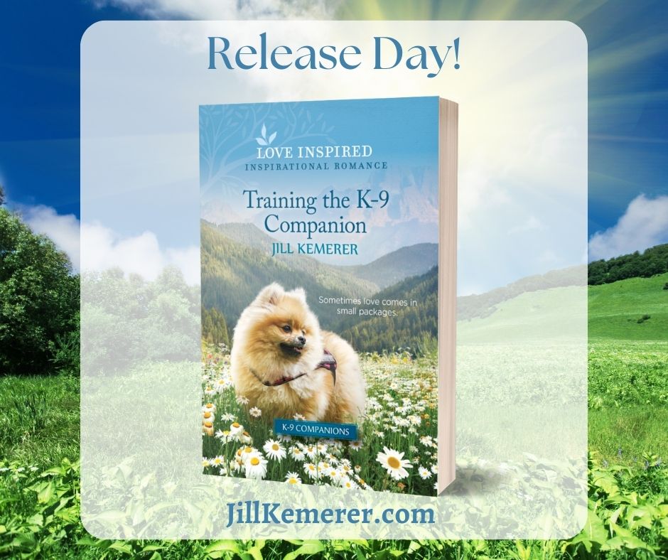 Summer meadow background. Cover of Training the K-9 Companion. Text, "Release Day! JillKemerer.com"