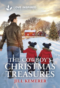 Book cover with red barn, snow, cowboy and twin toddlers in red coats and stocking caps with pompoms. Text, "The Cowboy's Christmas Treasures by Jill Kemerer"