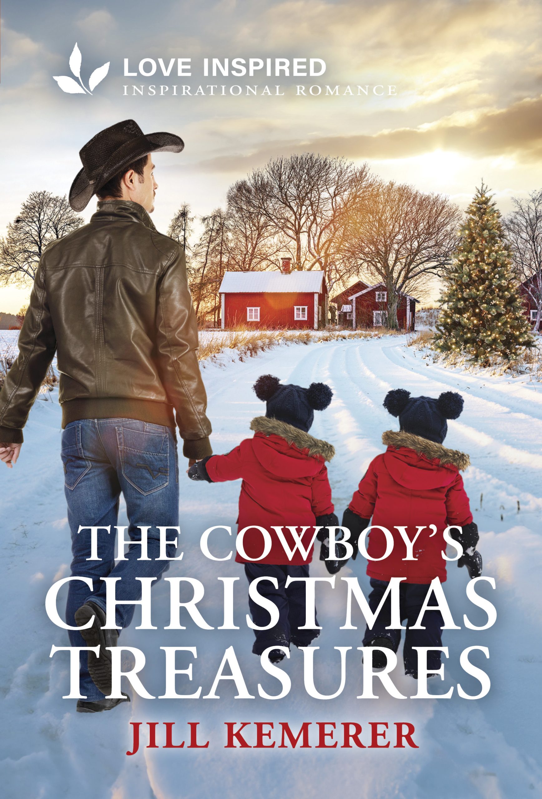 Book cover: Winter scene, red barn, snow on ground, cowboy holding hands with twin toddlers in red coats and stocking caps with pompoms. Text, "The Cowboy's Christmas Treasures by Jill Kemerer"