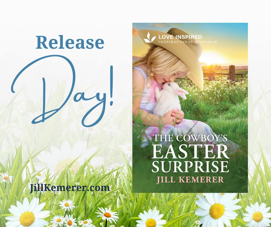 Background of daisies in green grass. Cover of The Cowboy's Easter Surprise with little girl in cowboy hat holding bunny. Text "Release Day JillKemerer.com"