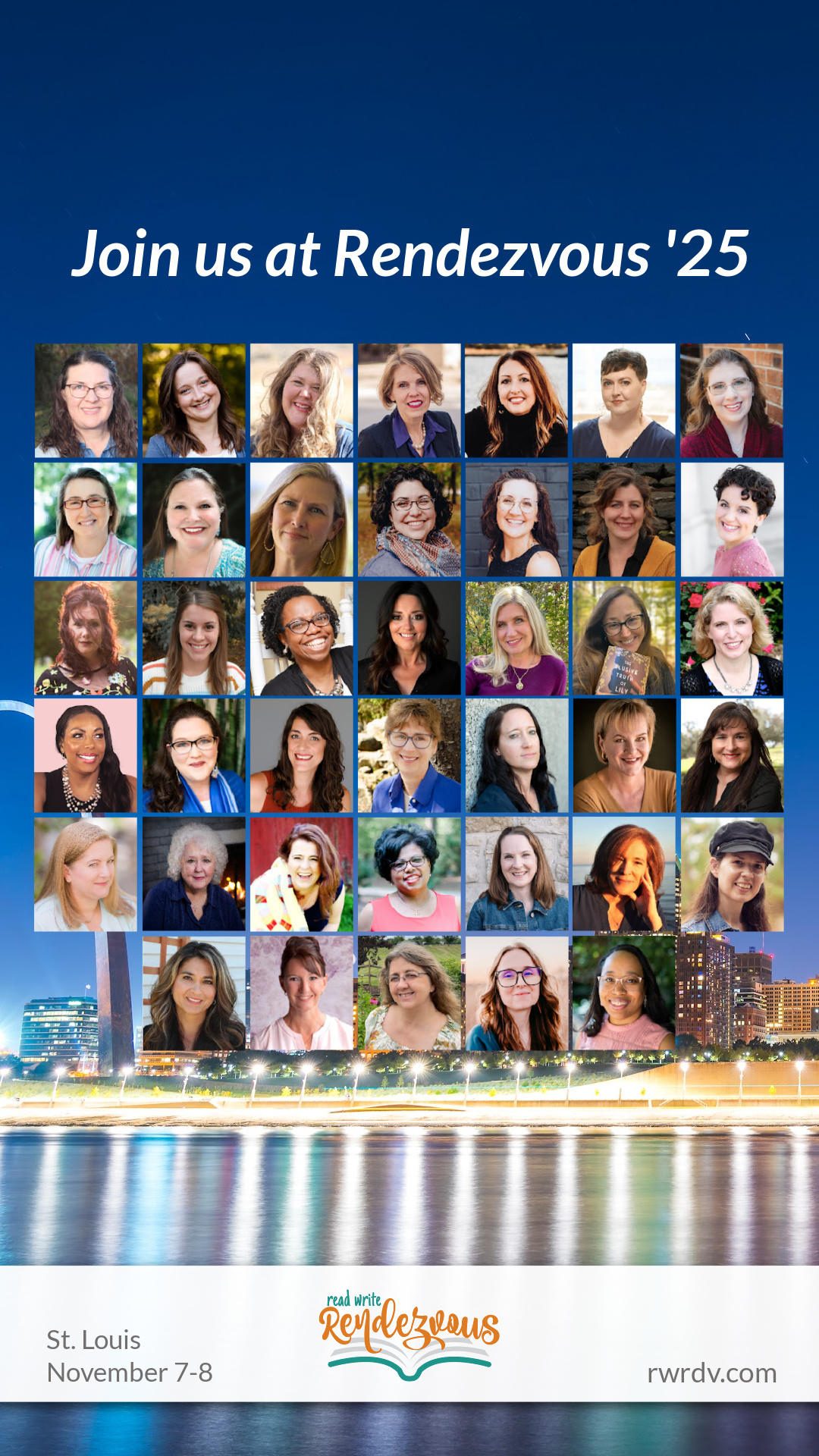 Rendezvous 2025. Participating author photos. Text "Join us at Rendezvous '25. St. Louis, November 7-8. rwrdv.com"