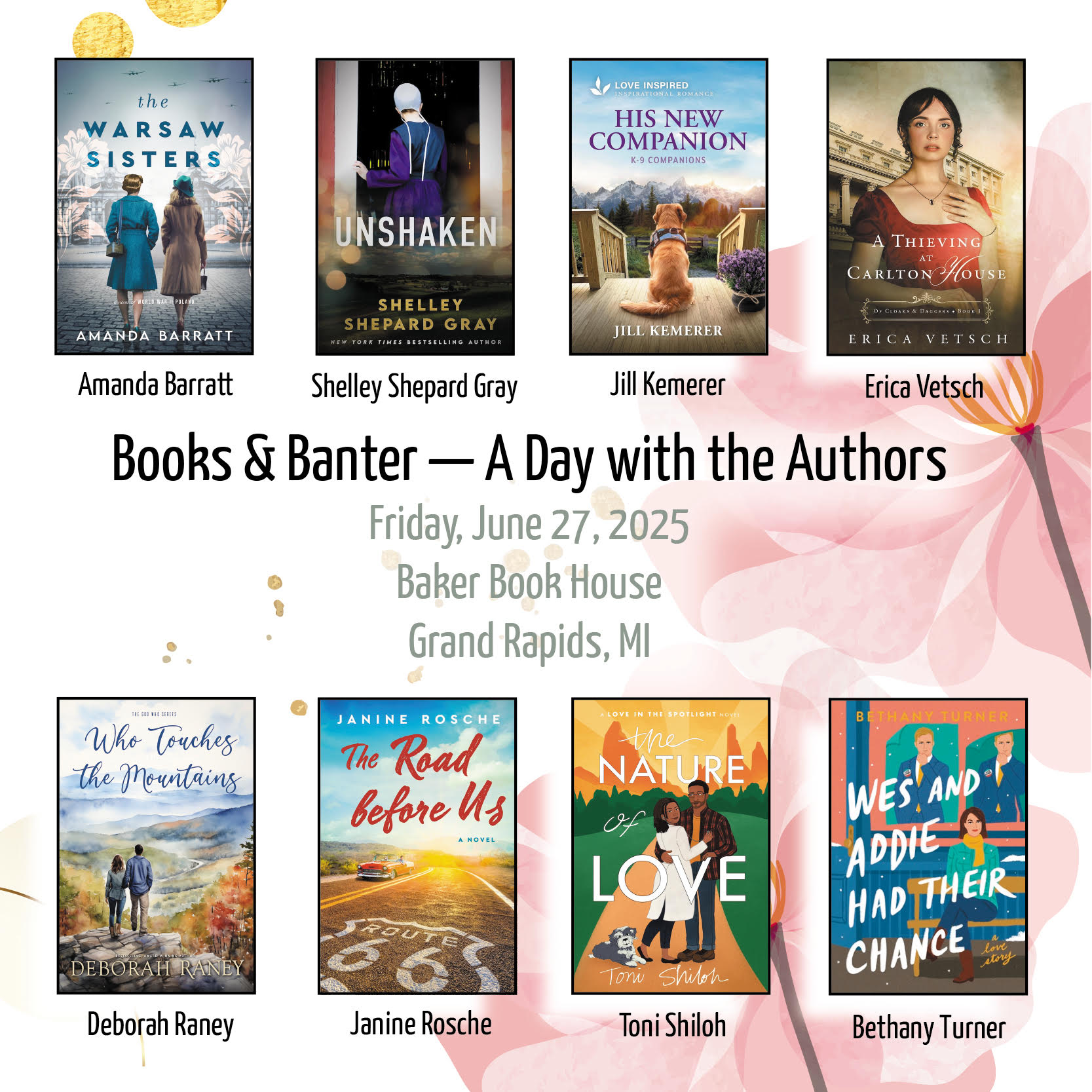 Floral pink and white background. 8 book covers for Books & Banter - A Day with the Authors June 27, 2025