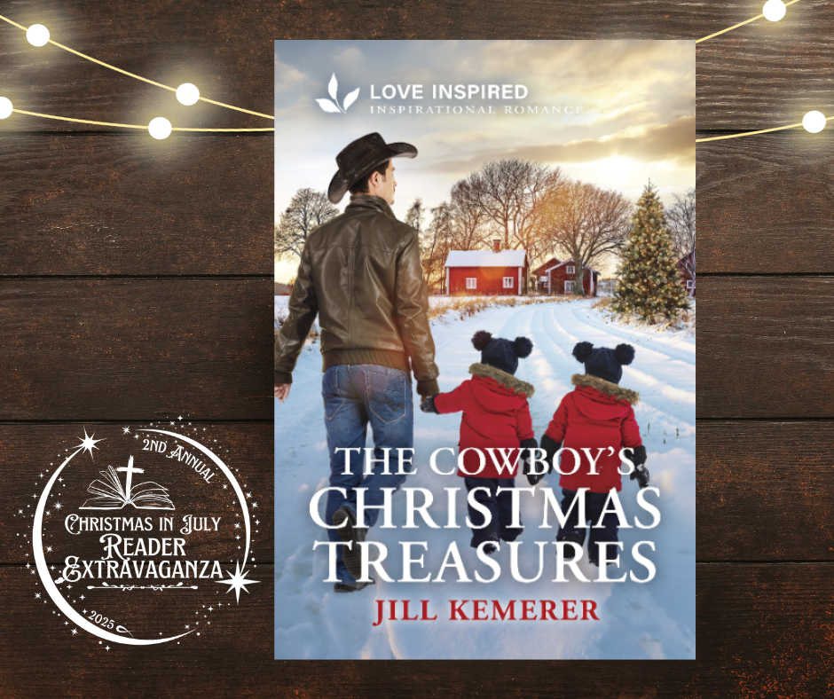 Dark background with string lights. Cover of The Cowboy's Christmas Treasures by Jill Kemerer.