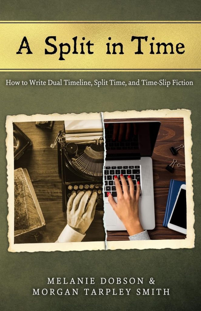 Book Cover. A Split in Time by Melanie Dobson and Morgan Tarpley Smith. Olive green background with a photo of half a typewriter next to half a laptop