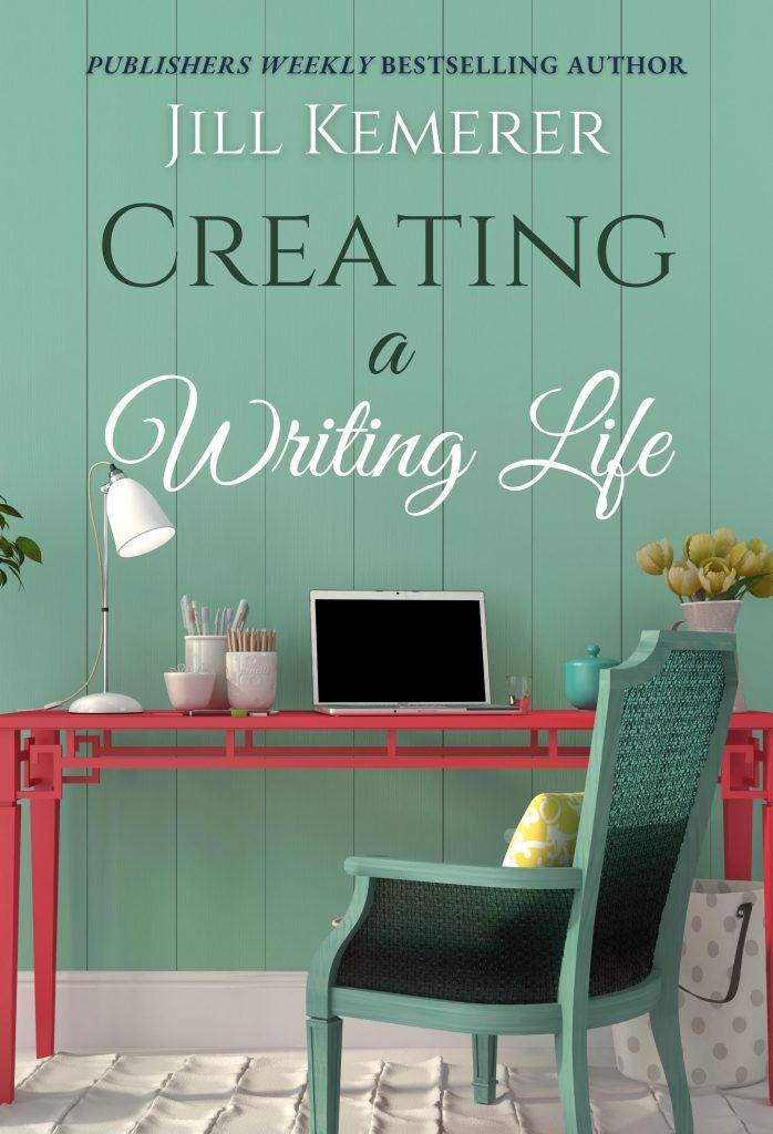 Book Cover. Creating a Writing Life by Jill Kemerer. Sage green wall with a matching chair, red desk with laptop and lamp.