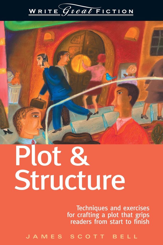 Book Cover. Plot & Structure by James Scott Bell. Painting of people hurrying on a sidewalk. Orange tones.