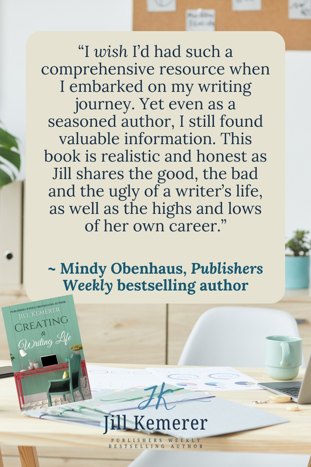 Bright office with white chair and natural wood desk. Endorsement by Mindy Obenhaus of Creating a Writing Life by Jill Kemerer