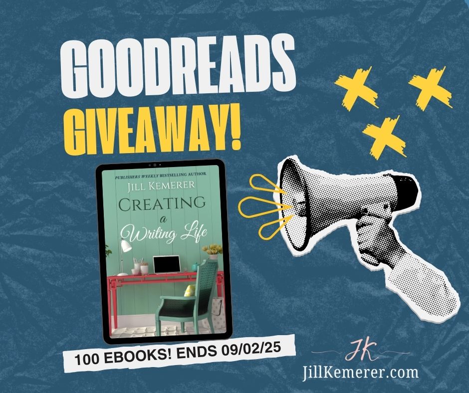 Blue paper texture. Megaphone. Creating a Writing Life cover. "Goodreads Giveaway! 100 ebooks. Ends 09/03/25" JillKemerer.com