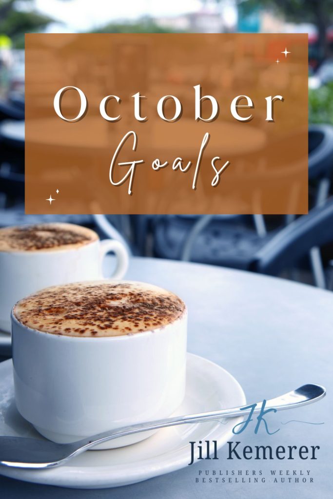 Two lattes in white cups on cafe table. "October Goals. JillKemerer.com/blog."