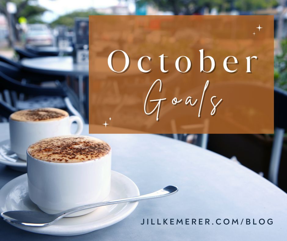 Two coffees in white cups on a cafe table. October Goals by Jill Kemerer