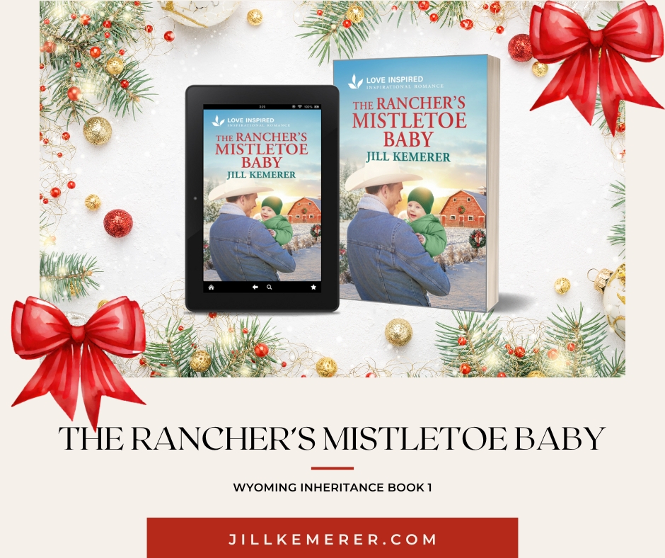 Christmas background and two red bows. Cover for The Rancher's Mistletoe Baby by Jill Kemerer