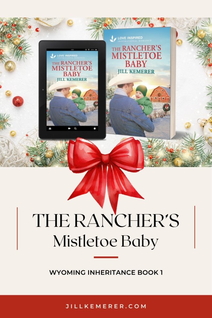 Christmas background with The Rancher's Mistletoe Baby cover by Jill Kemerer and a red bow