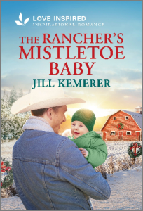 Cowboy with baby in winter. Snowy ranch with red barn and Christmas wreath. The Rancher's Mistletoe Baby cover