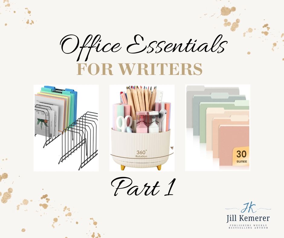 Pastel background with incline sorter, pen holder, and file folders. Office Essentials for Writers Part 1. JillKemerer.com