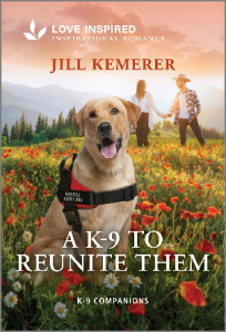 Prairie full of orange spring flowers. A yellow labrador retriever with a Medical Alert Dog vest. A K-9 to Reunite Them by Jill Kemerer