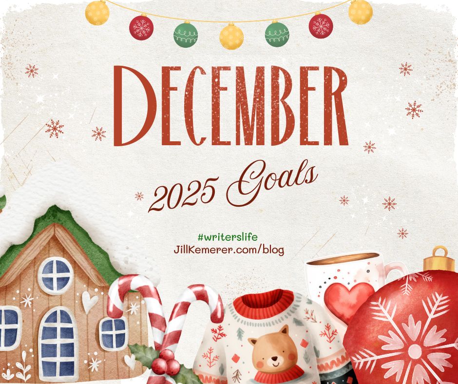Gingerbread house scene. December 2025 Goals #writerslife. JillKemerer.com/blog