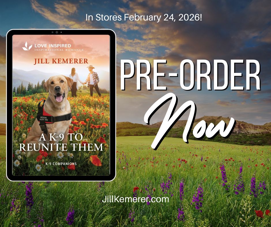 Sunny meadow. Book cover A K-9 To Reunite Them. "Pre-order Now JillKemerer.com"