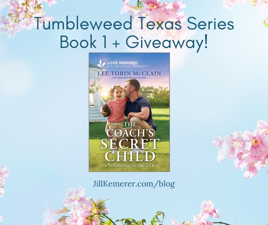 Blue sky and pink apple blossoms. Cover of The Coach's Secret Child. "Tumbleweed Texas Series Book 1 + Giveaway Jillkemerer.com/blog"