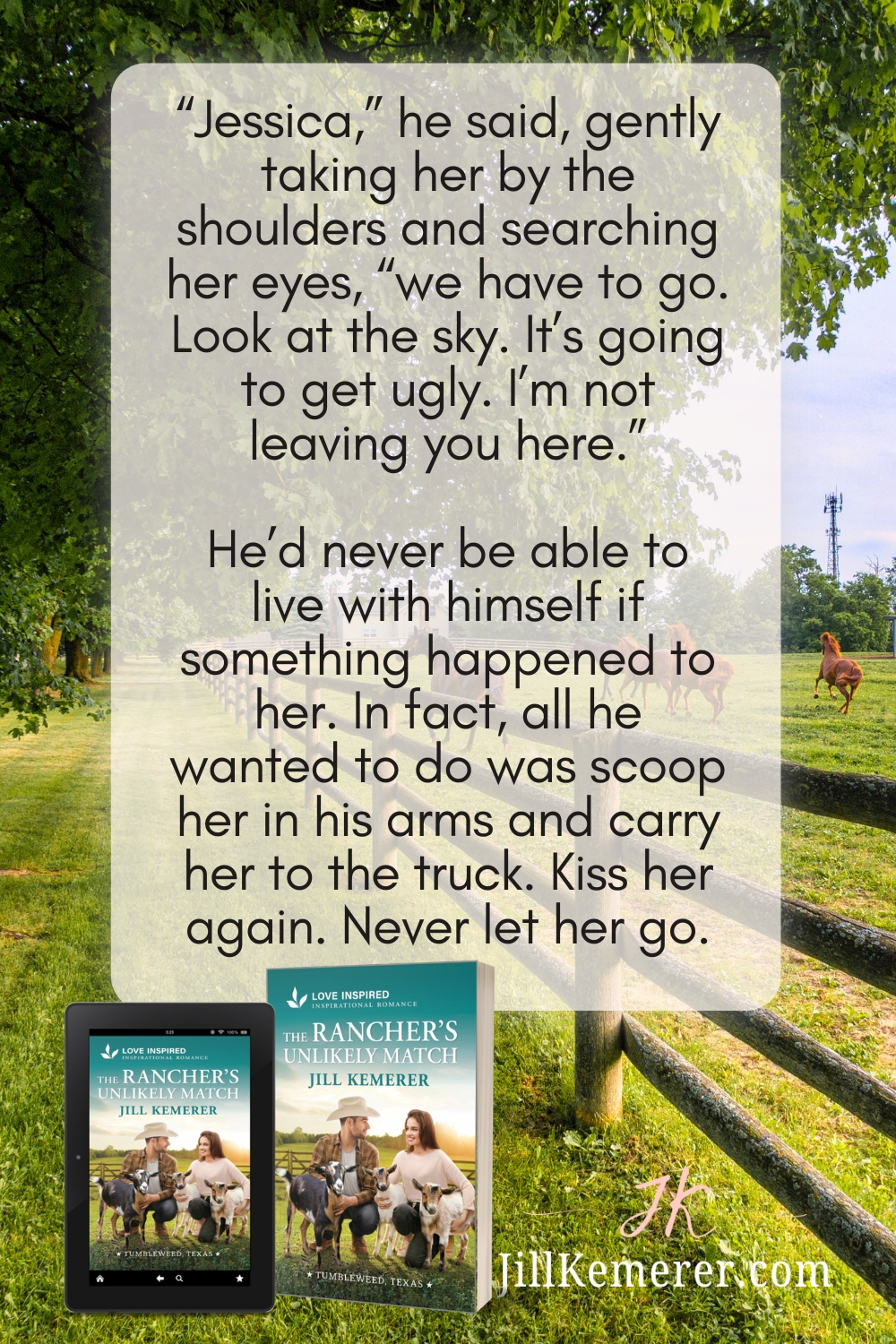 Horse pasture background. Cover of The Rancher's Unlikely Match by Jill Kemerer and short excerpt