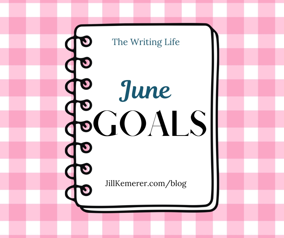 Pink gingham background, cartoon notebook. "The Writing Life. June Goals. JillKemerer.com/blog"