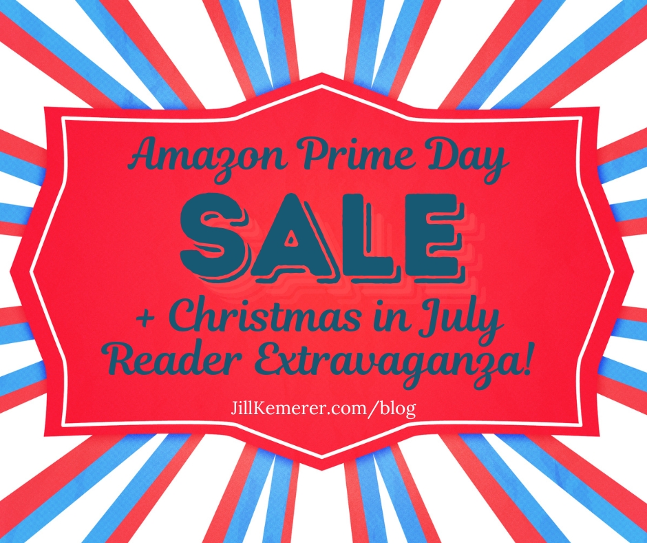 Red, white, and blue burst from red tag. Text "Amazon Prime Day Sale + Christmas in July Reader Extravaganza. JillKemerer.com/blog"