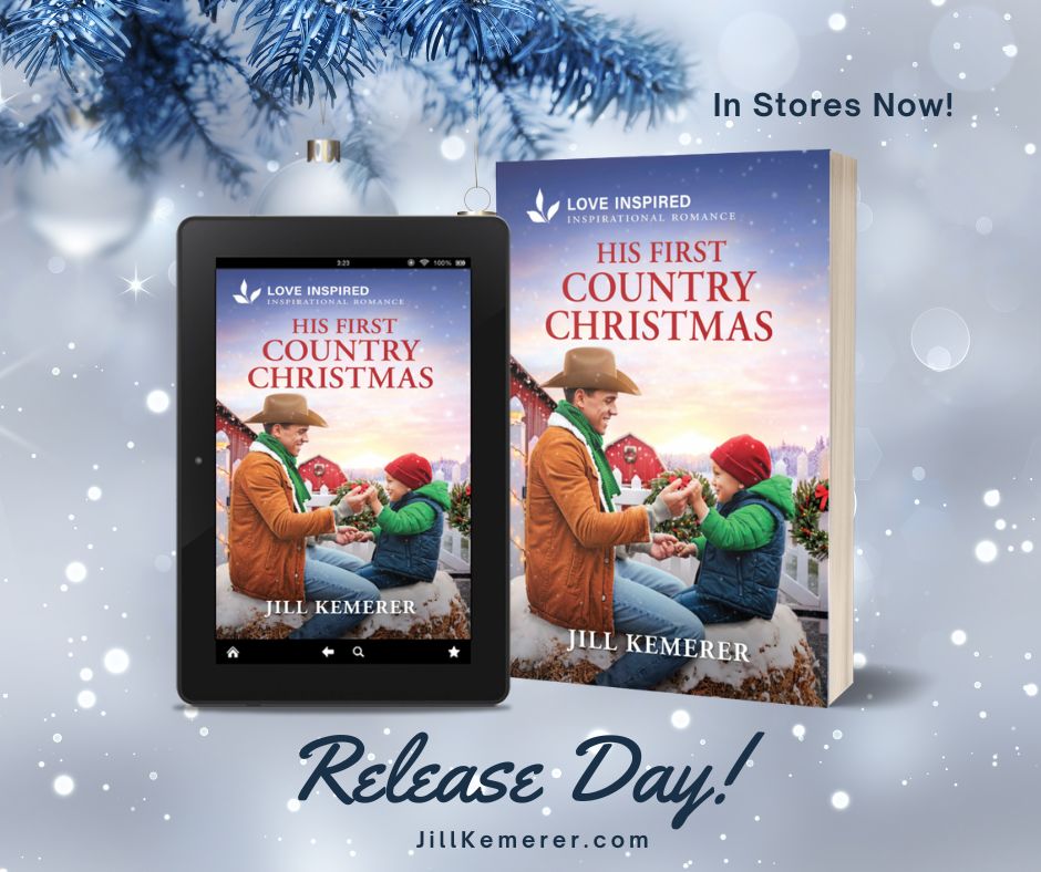 Twinkling snow background, cover His First Country Christmas by Jill Kemerer. Release day!
